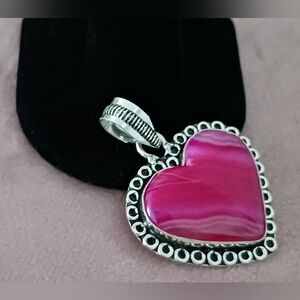 Pink Botswana Agate Heart Pendant, 925 Sterling Overlay, NWOT